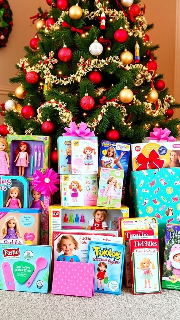 Top Christmas Gift Ideas for Girls Aged 4-6 A collection of Christmas gifts for girls aged 4-6, including toys, books, and art supplies, beautifully wrapped and placed under a Christmas tree.
